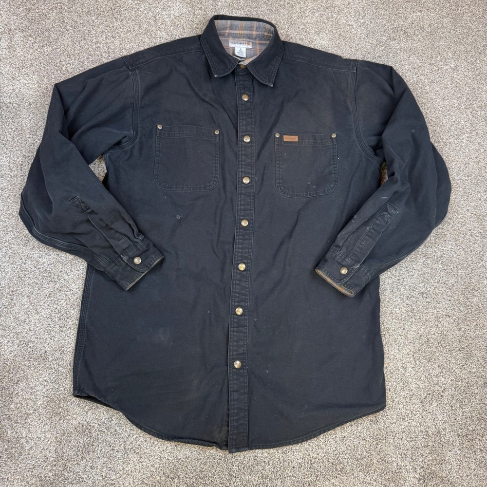 Carhartt Mens L Tall Black Flannel Lined Canvas Work Shirt Jacket Distressed